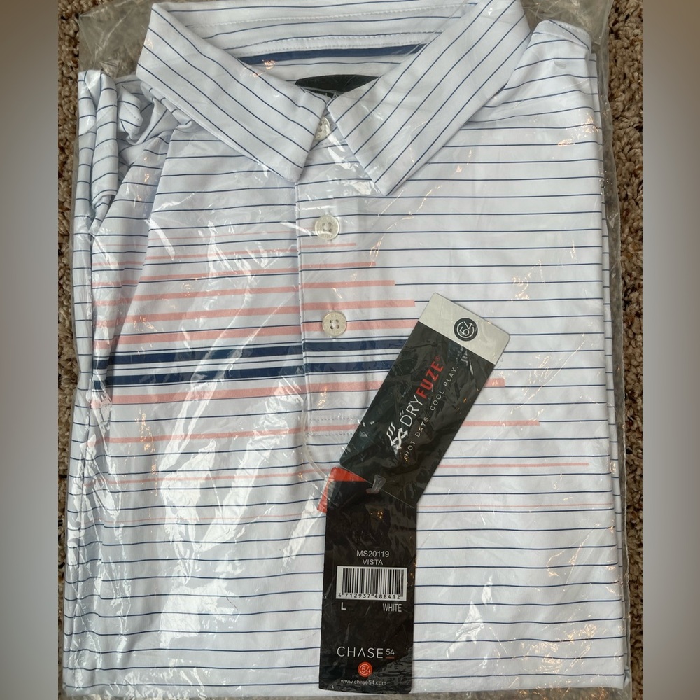 Men’s golf polo, Chase54 brand, striped, dry fit fabric size large, NWT